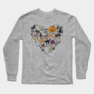 Heart Shape Halloween Spooky Ghost Boo Pumpkin Long Sleeve T-Shirt